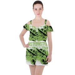 Monster Truck Illustration Green Car Ruffle Cut Out Chiffon Playsuit by Sarkoni