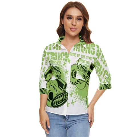 Monster Truck Illustration Green Car Women s Quarter Sleeve Pocket Shirt by Sarkoni