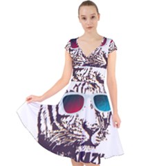 Krazy Katz 3d Tiger Roar Animal Cap Sleeve Front Wrap Midi Dress by Sarkoni