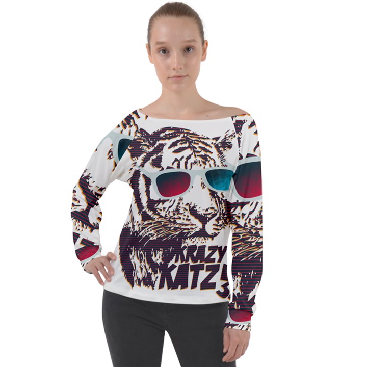 Krazy Katz 3d Tiger Roar Animal Off Shoulder Long Sleeve Velour Top