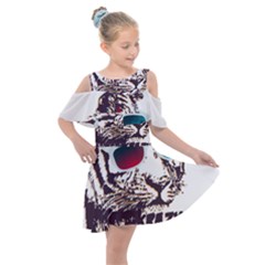 Krazy Katz 3d Tiger Roar Animal Kids  Shoulder Cutout Chiffon Dress by Sarkoni