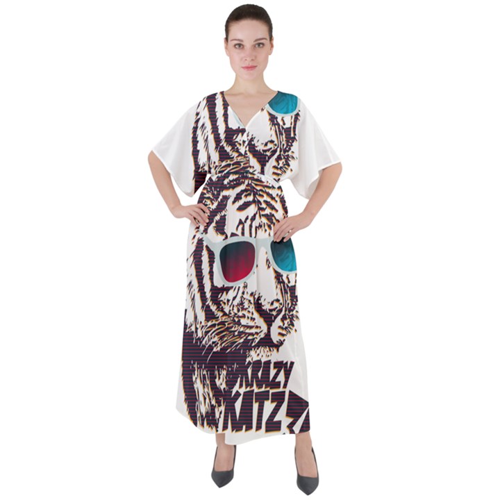 Krazy Katz 3d Tiger Roar Animal V-Neck Boho Style Maxi Dress