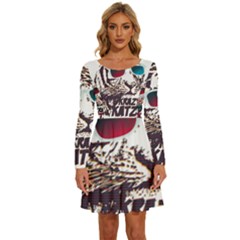 Krazy Katz 3d Tiger Roar Animal Long Sleeve Wide Neck Velvet Dress by Sarkoni