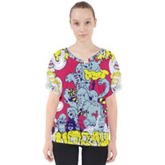 Fresh Urban Cartoon Monster Illustration Cartoon Character Text V-neck Dolman Drape Top by Sarkoni