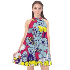 Fresh Urban Cartoon Monster Illustration Cartoon Character Text Halter Neckline Chiffon Dress  by Sarkoni