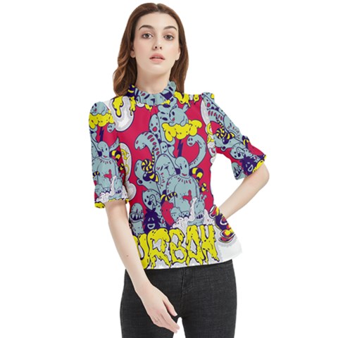 Fresh Urban Cartoon Monster Illustration Cartoon Character Text Frill Neck Blouse by Sarkoni