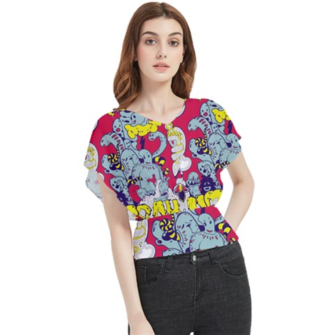 Fresh Urban Cartoon Monster Illustration Cartoon Character Text Butterfly Chiffon Blouse by Sarkoni