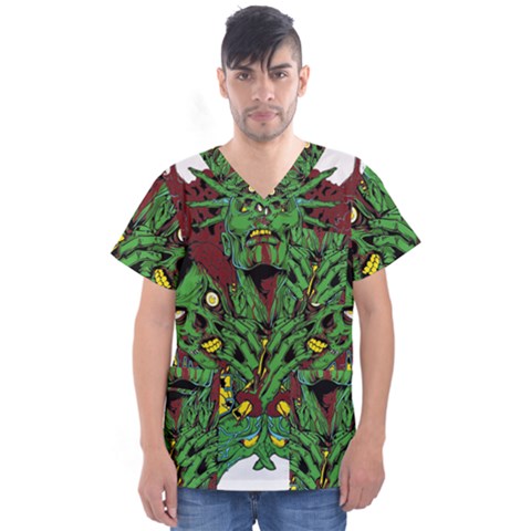 Zombie Star Monster Green Monster Men s V-neck Scrub Top by Sarkoni