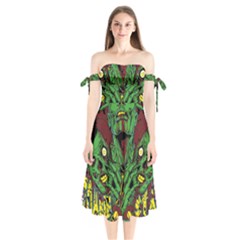 Zombie Star Monster Green Monster Shoulder Tie Bardot Midi Dress by Sarkoni