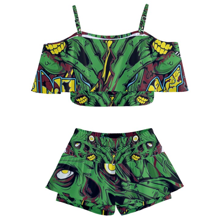 Zombie Star Monster Green Monster Kids  Off Shoulder Skirt Bikini