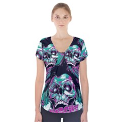 Anarchy Skull And Birds Short Sleeve Front Detail Top by Sarkoni