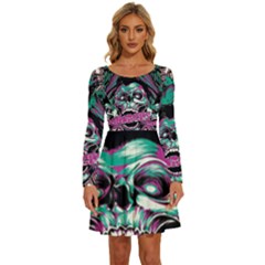 Anarchy Skull And Birds Long Sleeve Wide Neck Velvet Dress by Sarkoni