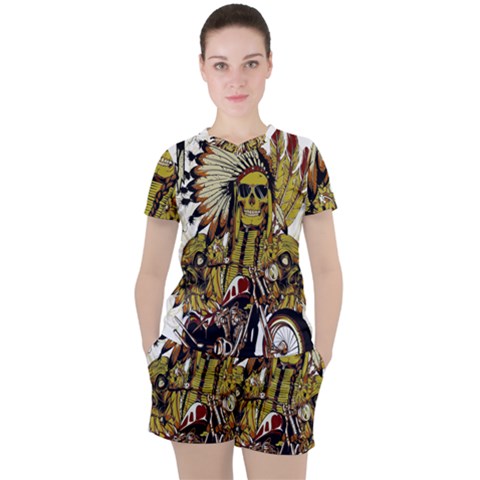 Motorcycle And Skull Cruiser Native American Women s T-shirt And Shorts Set by Sarkoni