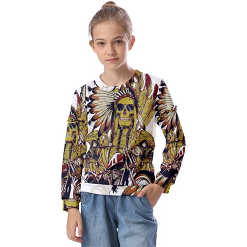 Motorcycle And Skull Cruiser Native American Kids  Long Sleeve T-shirt With Frill  by Sarkoni