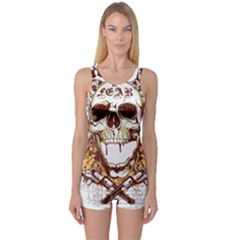 Harvest Of Fear Logo Illustration Skull Pistol One Piece Boyleg Swimsuit by Sarkoni