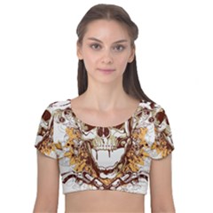 Harvest Of Fear Logo Illustration Skull Pistol Velvet Short Sleeve Crop Top  by Sarkoni