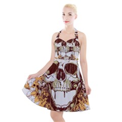 Harvest Of Fear Logo Illustration Skull Pistol Halter Party Swing Dress  by Sarkoni