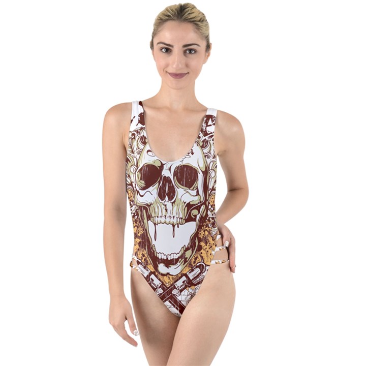 Harvest Of Fear Logo Illustration Skull Pistol High Leg Strappy Swimsuit