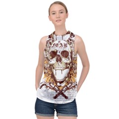 Harvest Of Fear Logo Illustration Skull Pistol High Neck Satin Top by Sarkoni