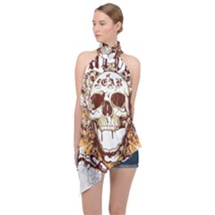 Harvest Of Fear Logo Illustration Skull Pistol Halter Asymmetric Satin Top by Sarkoni