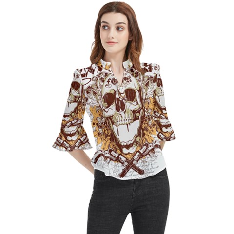 Harvest Of Fear Logo Illustration Skull Pistol Loose Horn Sleeve Chiffon Blouse by Sarkoni