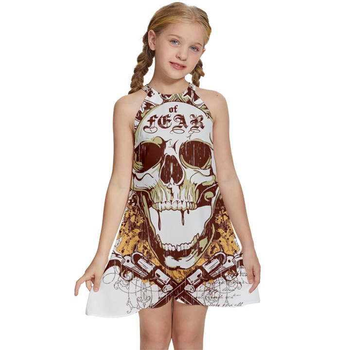 Harvest Of Fear Logo Illustration Skull Pistol Kids  Halter Collar Waist Tie Chiffon Dress