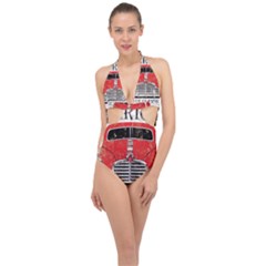 Perfect American Vintage Classic Car Signage Retro Style Halter Front Plunge Swimsuit by Sarkoni