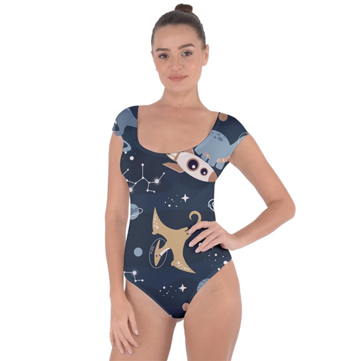 Space Theme Art Pattern Design Wallpaper Short Sleeve Leotard 