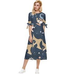 Space Theme Art Pattern Design Wallpaper Bow Sleeve Chiffon Midi Dress