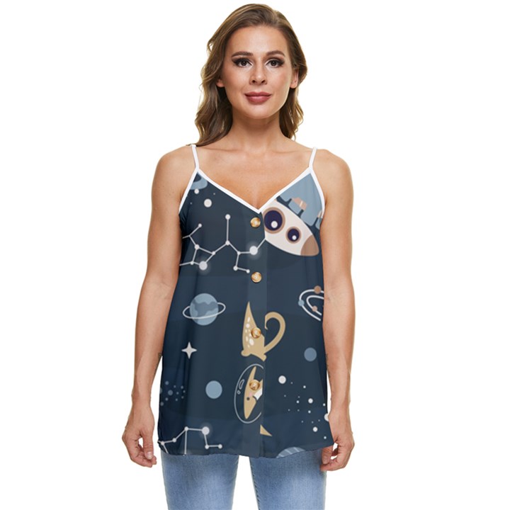 Space Theme Art Pattern Design Wallpaper Casual Spaghetti Strap Chiffon Top