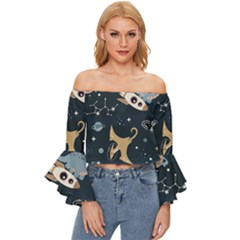 Space Theme Art Pattern Design Wallpaper Off Shoulder Flutter Bell Sleeve Top by Proyonanggan