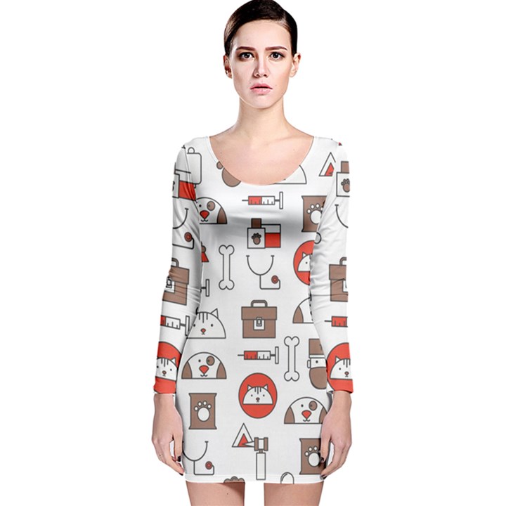 Vector Thin Line Art Vet Seamless Pattern Long Sleeve Velvet Bodycon Dress