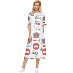 Vector Thin Line Art Vet Seamless Pattern Bow Sleeve Chiffon Midi Dress by Bedest