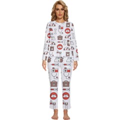 Vector Thin Line Art Vet Seamless Pattern Womens  Long Sleeve Lightweight Pajamas Set by Bedest