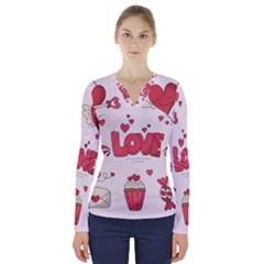 Hand Drawn Valentines Day Element Collection V-neck Long Sleeve Top by Bedest