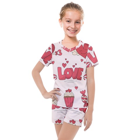 Hand Drawn Valentines Day Element Collection Kids  Mesh T-shirt And Shorts Set by Bedest