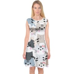 Cute Cat Couple Seamless Pattern Cartoon Capsleeve Midi Dress by Bedest