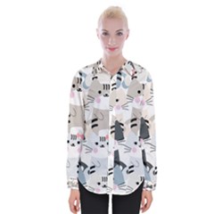 Cute Cat Couple Seamless Pattern Cartoon Womens Long Sleeve Shirt