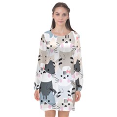 Cute Cat Couple Seamless Pattern Cartoon Long Sleeve Chiffon Shift Dress  by Bedest