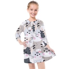 Cute Cat Couple Seamless Pattern Cartoon Kids  Quarter Sleeve Shirt Dress by Bedest