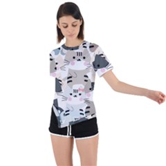 Cute Cat Couple Seamless Pattern Cartoon Asymmetrical Short Sleeve Sports T-shirt by Bedest