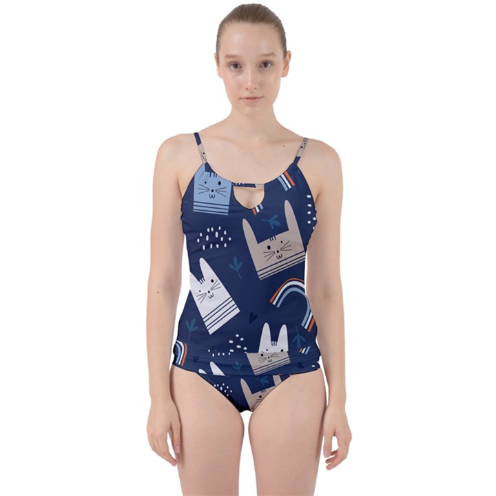 Colorful Cute Cats Seamless Pattern Cut Out Top Tankini Set