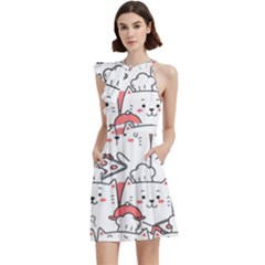 Cute Cat Chef Cooking Seamless Pattern Cartoon Cocktail Party Halter Sleeveless Dress With Pockets by Bedest