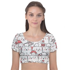 Cute Cat Chef Cooking Seamless Pattern Cartoon Velvet Short Sleeve Crop Top  by Bedest