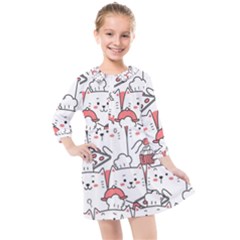 Cute Cat Chef Cooking Seamless Pattern Cartoon Kids  Quarter Sleeve Shirt Dress by Bedest