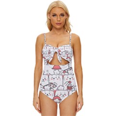 Cute Cat Chef Cooking Seamless Pattern Cartoon Knot Front One-piece Swimsuit by Bedest