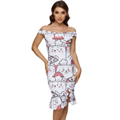 Cute Cat Chef Cooking Seamless Pattern Cartoon Off Shoulder Ruffle Split Hem Bodycon Dress by Bedest