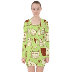 Cute Hand Drawn Cat Seamless Pattern V-neck Bodycon Long Sleeve Dress