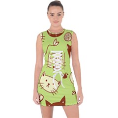 Cute Hand Drawn Cat Seamless Pattern Lace Up Front Bodycon Dress by Bedest