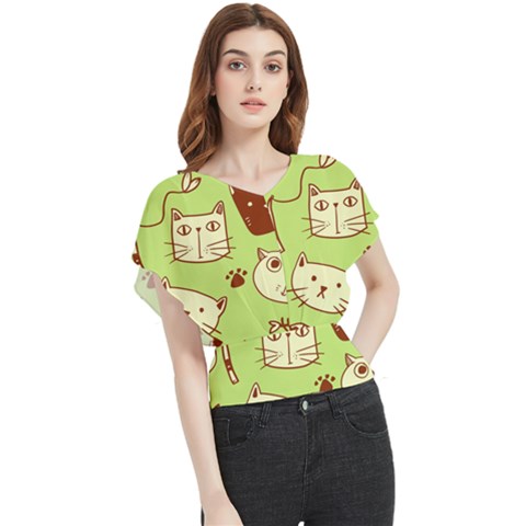 Cute Hand Drawn Cat Seamless Pattern Butterfly Chiffon Blouse by Bedest